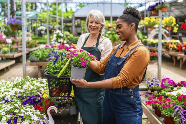 Two smiling female workers choosing colorful flowers in a pot inside a greenhouse or garden center