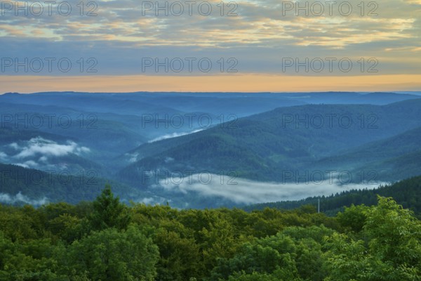 Green hills with forest at sunrise, fog in the valleys and peaceful sky, Katzenbuckel, Waldbrunn, Neckar-Odenwald-Kreis, Odenwald, Baden-Württemberg, Germany, Europe