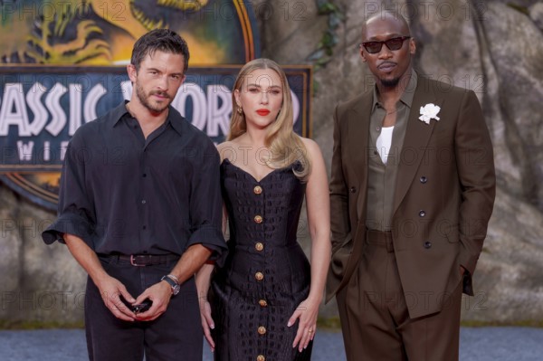 Jonathan Bailey, Scarlett Johansson and Mahershala Ali at the German premiere of the adventure film Jurassic World, the rebirth at Berlin's Zoo Palast on 18 June 2025