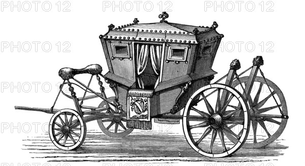 Horse-drawn carriage, coach, France, period, when Louis XV, 1760, illustration from 1894, reproduction, digitally enhanced, historical, Europe
