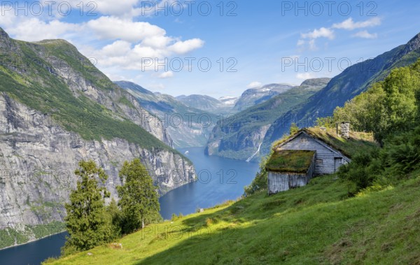 Blomberg Gård, historic mountain farm with grass roof on a steep mountainside above the Geirangerfjord, view of idyllic fjord landscape, near Geiranger, Møre og Romsdal, Norway, Europe