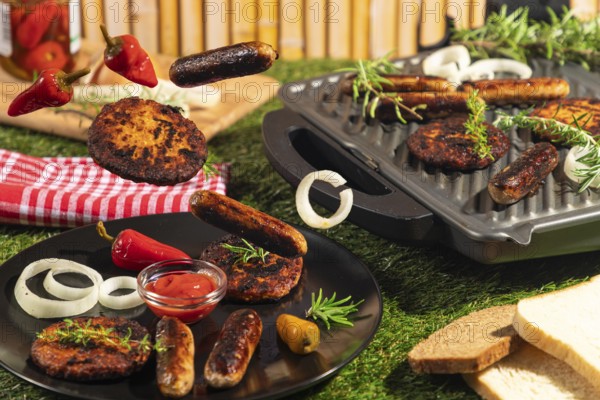 Burgers and sausages on plates, grill and floating surrounded by bread and herbs in a summery atmosphere