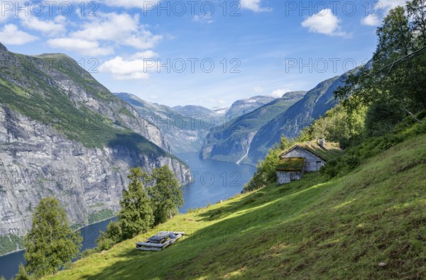 Blomberg Gård, historic mountain farm with grass roof on a steep mountainside above the Geirangerfjord, view of idyllic fjord landscape, near Geiranger, Møre og Romsdal, Norway, Europe