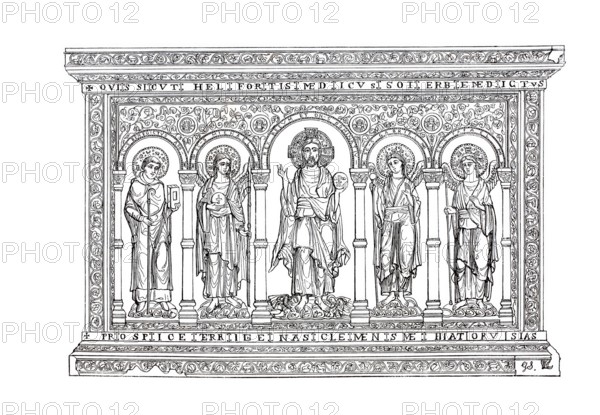 Altarpiece in Basel Minster, Basel, Switzerland, Historical, digitally enhanced reproduction of an original from around 1860, Europe