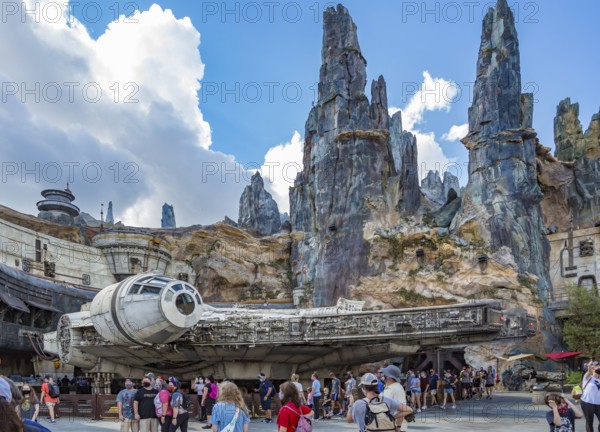 The Millennium Falcon light cargo starship in Star Wars Galaxy's Edge area of Disney's Hollywood Studios theme park