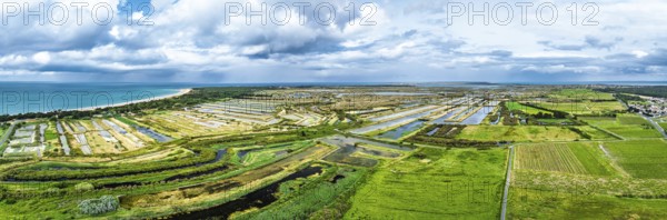 Panorama of The Lilleau des Niges National Nature Reserve from a drone, The salt marshes, Saint-Clement-des-Baleines, Atlantic, France, Europe