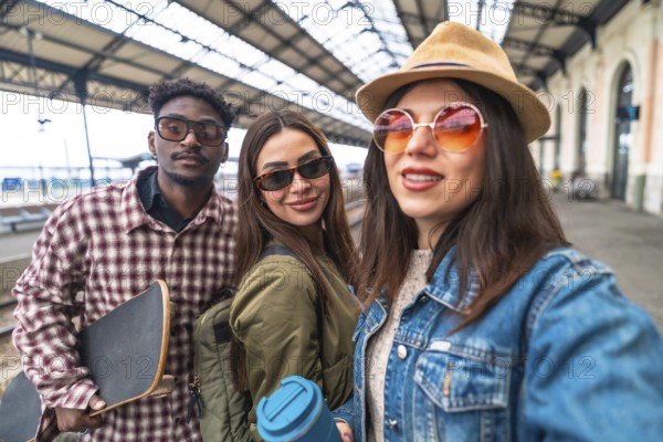 Three happy multi ethnic friends taking selfie at train station before starting their travel adventure