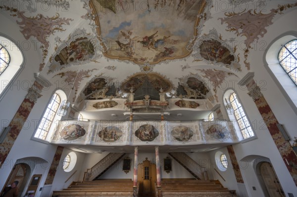 Organ loft of the baroque church of St Peter and Paul, Thalstr .31, Peterstahl, Oy Mittelberg, Oberallgaü, Bavaria, Germany, Europe
