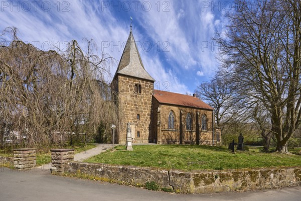Volmerdingsen Protestant Church, Neo-Gothic architectural style, sandstone building, wall, bare winter trees, lawn, blue sky, cirrostratus clouds, Pfarrer-Brünger-Straße, Pfarrer-Dustmann-Straße, Bad Oeynhausen, Mühlenkreis Minden-Lübbecke, North Rhine-Westphalia, Germany, Europe