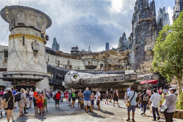 The Millennium Falcon light cargo starship in Star Wars Galaxy's Edge area of Disney's Hollywood Studios theme park