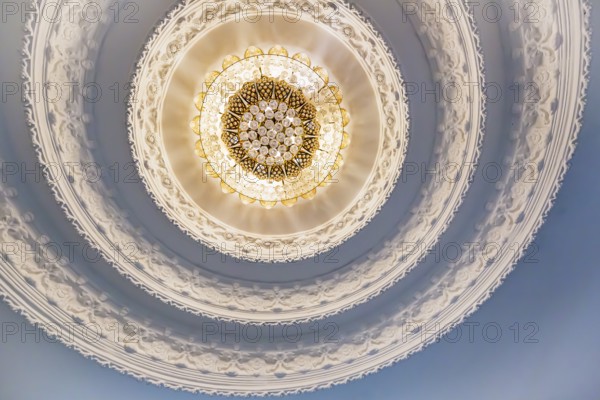 Ornate recessed light fixtures in the ceiling inside the Guan Yin (Goddess of Mercy) statue at Wat Huay Pla Kang Temple in Chiang Rai province of Northern Thailand