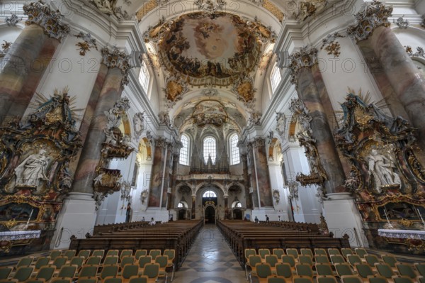 Interior with organ loft of the baroque Basilica of St Alexander and Theodor, Ottobeuren Monastery, Ottobeuren, Unterallgäu, Bavaria, Germany, Europe