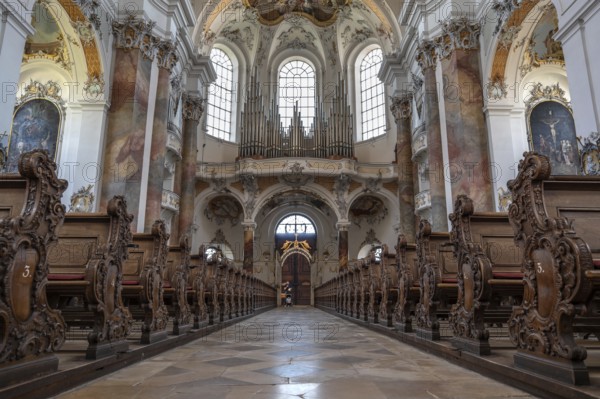 Organ loft of the baroque Basilica of St Alexander and Theodor, Ottobeuren Monastery, Ottobeuren, Unterallgäu, Bavaria, Germany, Europe