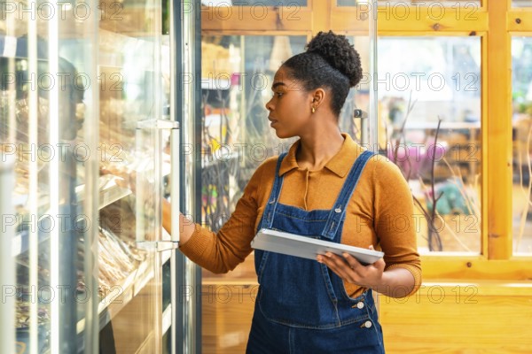 Young saleswoman wearing uniform and holding tablet checking food supplies in refrigerator of a grocery store