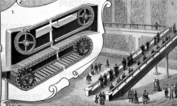 Conveyor belt, automatic staircase for people at Cortland Street station, New York, America, illustration from 1894, reproduction, digitally enhanced, historical