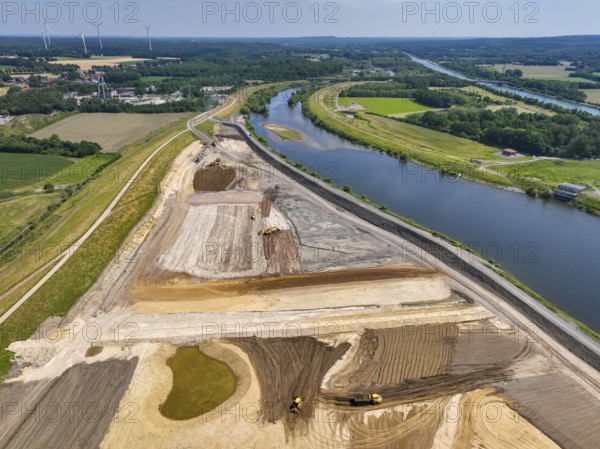Haltern-Marl, North Rhine-Westphalia, Germany - Lippe, flood protection in the Haltern-Lippramsdorf-Marl area (HaLiMa) . Flood protection on the River Lippe by relocating the dyke and thus extending the floodplain. Rear left: excavation site of the former shaft 8 of the Auguste Victoria colliery