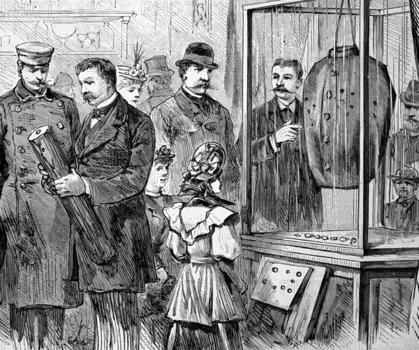 Exhibition of the Dowe armour in Berlin, Germany, a bulletproof vest, ballistic waistcoat, illustration from 1894, reproduction, digitally enhanced, historical, Europe