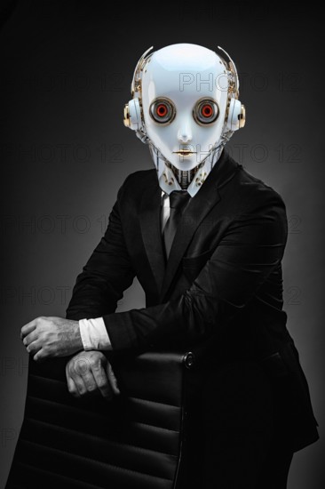 Symbol photo, Business 4.0 as a humnoid robot, ChatGBT, AI, AI, OpenAI, chatbot, artificial intelligence, artificial intelligence, IT system, computer science, IT technology, computer system, software, Microsoft, silicon brain, thinking machine, creativity, new wonder of the world, Einstein replacement, problem intelligence, AI research, language robot, algorithm, AI danger