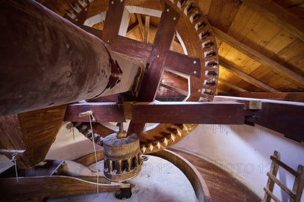 Close-up of wooden cogwheels inside the windmill, Windmill, Antimacheia, Kos, Dodecanese, Greek Islands, Greece, Europe