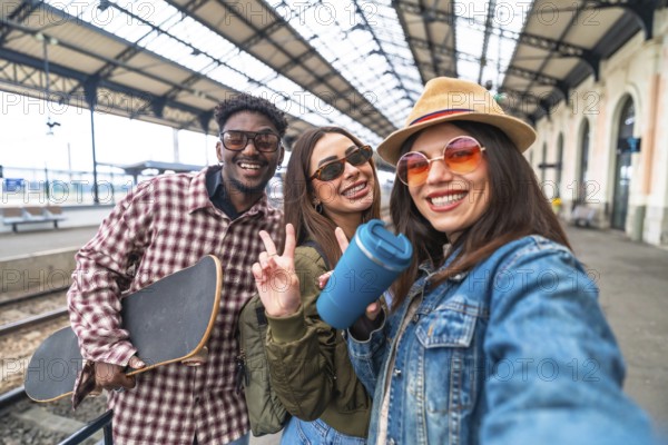Happy multi ethnic friends taking a selfie at the train station before departure, holding skateboard and reusable water bottle