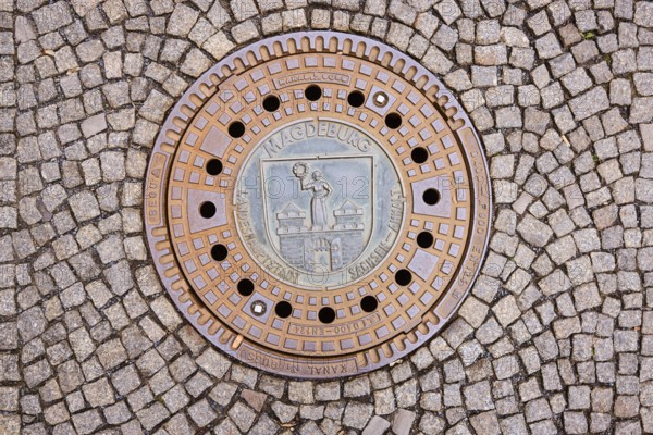 Manhole covers, paving stones, Magdeburg, state capital, independent city, Saxony-Anhalt, Germany, Europe