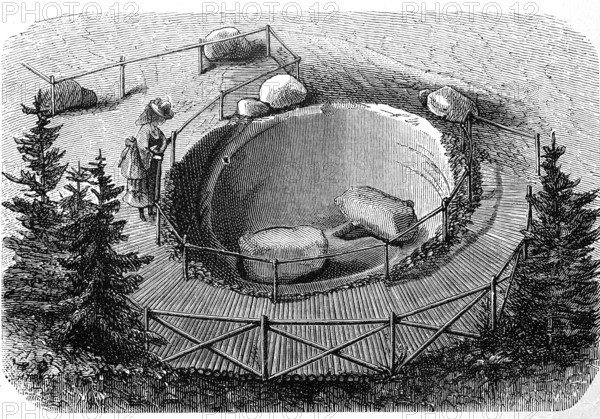 Glacial kettle, giant kettle, also known as giant cauldron or pothole, is a cavity or hole that appears to have been bored into the surrounding rocks by swirling currents of water with stones, gravel and other debris, historical image or illustration from 1894, reproduction, digitally enhanced, Historical