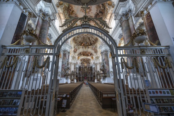 View from the vestibule into the interior of the baroque Basilica of St Alexander and Theodor, Ottobeuren Monastery, Ottobeuren, Unterallgäu, Bavaria, Germany, Europe
