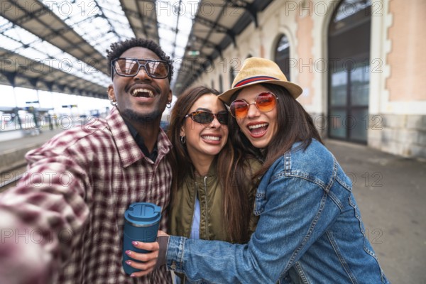 Group of cheerful young friends taking a selfie at the railway station before leaving for vacation