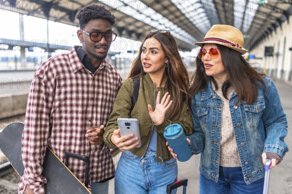 Group of young tourists chatting on a smartphone while walking through a bustling train station, capturing moments of connection and excitement