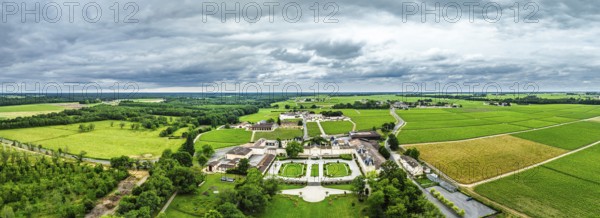 Panorama of Vineyard of Chateau Beychevelle from a drone, Saint-Julien-Beychevelle, France, Europe