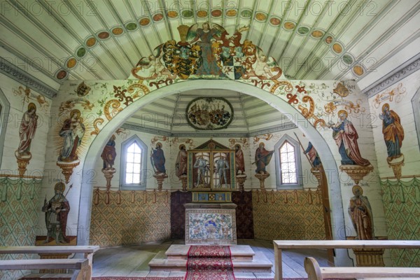 Catholic St Anne's Chapel, interior, Mannerist paintings, oldest wooden chapel in the Alps, Rohrmoos, Rohrmoostal, near Oberstdorf, Oberallgäu, Allgäu, Bavaria, Germany, Europe