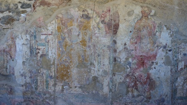 Faded frescoes on ancient wall with figures and paint remains, Archaeological Site, House of Beluga (sturgeon), Western Excavation, Kos Town, Kos, Dodecanese, Greek Islands, Greece, Europe