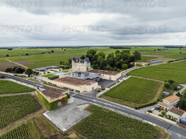 Chateau Pichon Longueville Baron Vineyard and grape fields around Pauillac from a drone, Bordeaux, Gironde, Nouvelle-Aquitaine, France, Europe