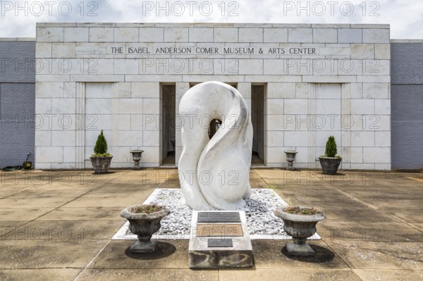 Marble sculpture outside of the front of Isabel Anderson Comer Museum and Arts Center in Sylacauga, Alabama