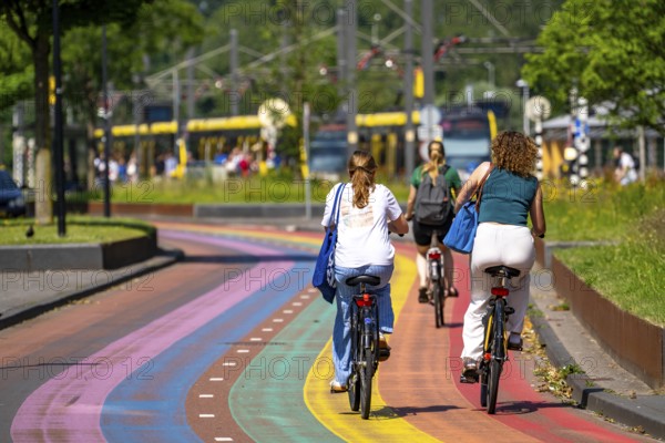 Rainbow cycle path through the university campus in Utrecht Science Park, 570 metres long, Utrecht University, the Utrecht University of Applied Sciences and UMC Utrecht University Hospital, set an example for acceptance, equal treatment and safety of the LHBTIQ+ community, public transport connection, Netherlands