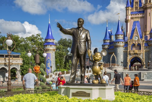 Partners statue in front of Cinderella's Castle at the end of Main Street in the Magic Kingdom at Walt Disney World, Orlando, Florida