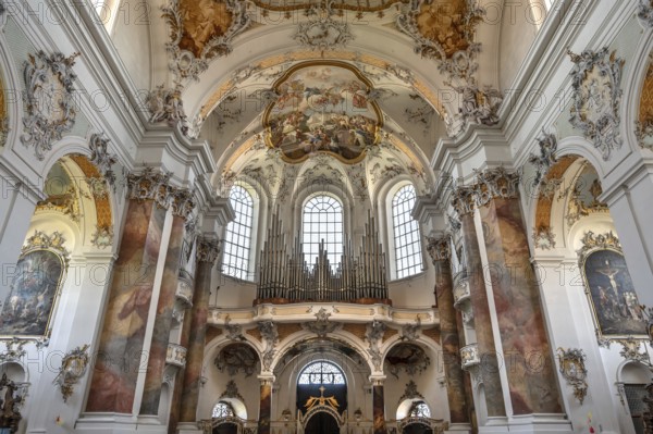 Organ loft of the baroque Basilica of St Alexander and Theodor, Ottobeuren Monastery, Ottobeuren, Unterallgäu, Bavaria, Germany, Europe