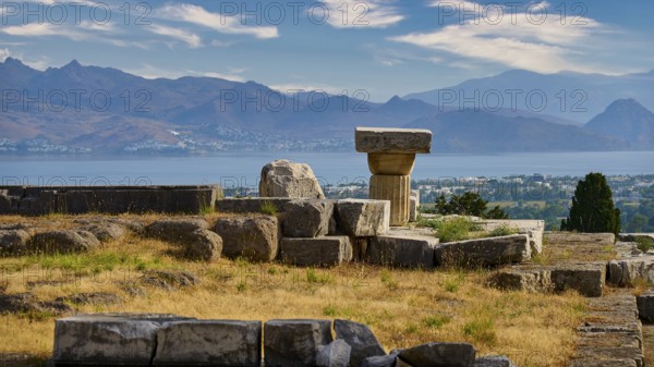 Ruins overlooking a landscape of sea and mountains under a blue sky, Doric Temple, Early Christian Altar, Asklipion, Asklepieion, Healing Temple, Temple, Hippocrates, Kos, Dodecanese, Greek Islands, Greece, Europe