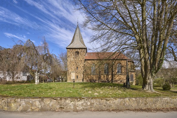 Volmerdingsen Protestant Church, Neo-Gothic architectural style, sandstone building, wall, bare winter trees, lawn, blue sky, cirrostratus clouds, Pfarrer-Brünger-Straße, Pfarrer-Dustmann-Straße, Bad Oeynhausen, Mühlenkreis Minden-Lübbecke, North Rhine-Westphalia, Germany, Europe