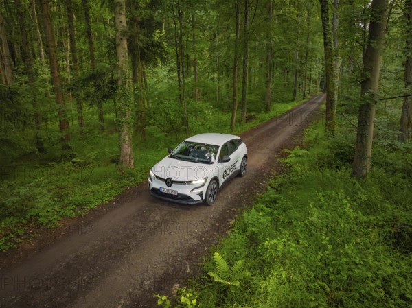 View of the forest from above with car on a road, surrounded by trees, Deer E- CarSharing, Renault Megane electric car, Calw, Black Forest, Germany, Europe
