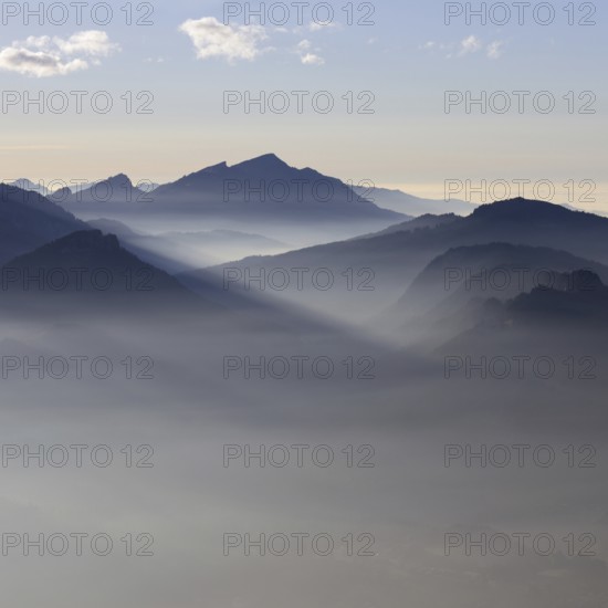 Mountain silhouettes... Alpine peaks and mountain ranges, Bavarian Alps, romantic view from Oberstdorf towards Kleinwalsertal, Allgäu Alps, Allgäu, Oberstdorf, Bavaria, Germany, Western Europe, Europe