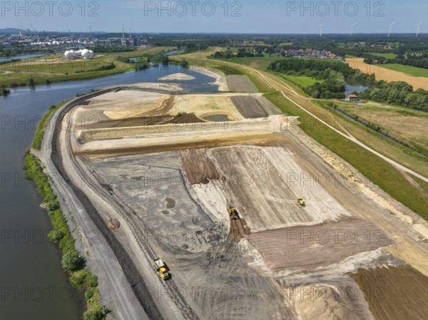 Haltern-Marl, North Rhine-Westphalia, Germany - Lippe, flood protection in the Haltern-Lippramsdorf-Marl area (HaLiMa) . Flood protection on the River Lippe by relocating the dyke and thus extending the floodplain. Marl Chemical Park at the back