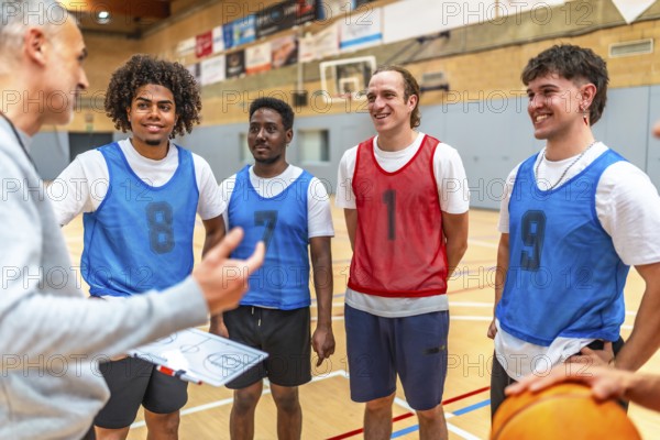 Coach holding clipboard explaining game strategy to his basketball team players wearing training bibs