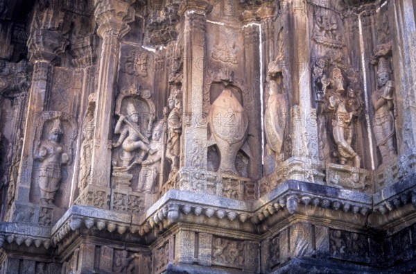 14th century Vidyashankara temple in Sringeri, Karnataka, South India, India, Asia. The niches in the temple have a number of sculptures from Hindu mythology, Asia