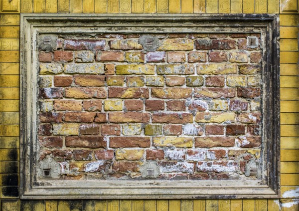 Old brick wall pattern closeup with stucco frame