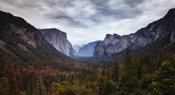 The iconic view of Yosemite Valley and the magnificent El Capitan in a storm from Tunnel View in California, USA, North America