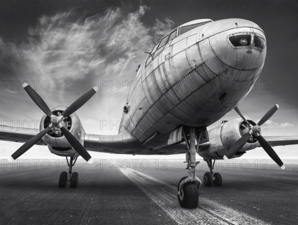historical airplane on a runway is waiting for take off
