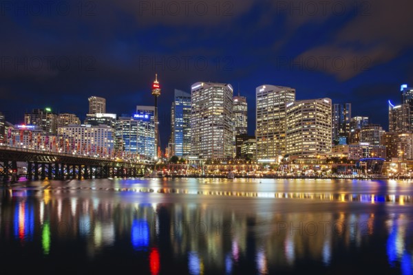 Sydney, Australia, October 14 2013: Sydney skyline and Pyrmont bridge at dusk near Darling Harbour, in Sydney Australia, Oceania