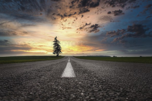 Ground level view of a rural tarred road at sunset between lush green fields with a view along the center white line to rolling hills