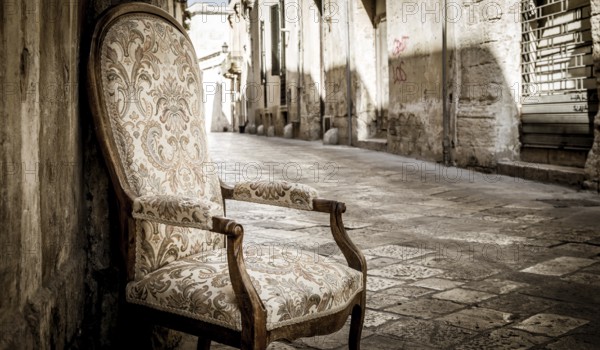 Lecce town, Italy. Vintage chair with old town street in background